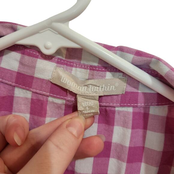 Woman Within Casual Button Up Shirt Short Sleeve Pink Checkered Size XL 18/20 - Picture 6 of 8